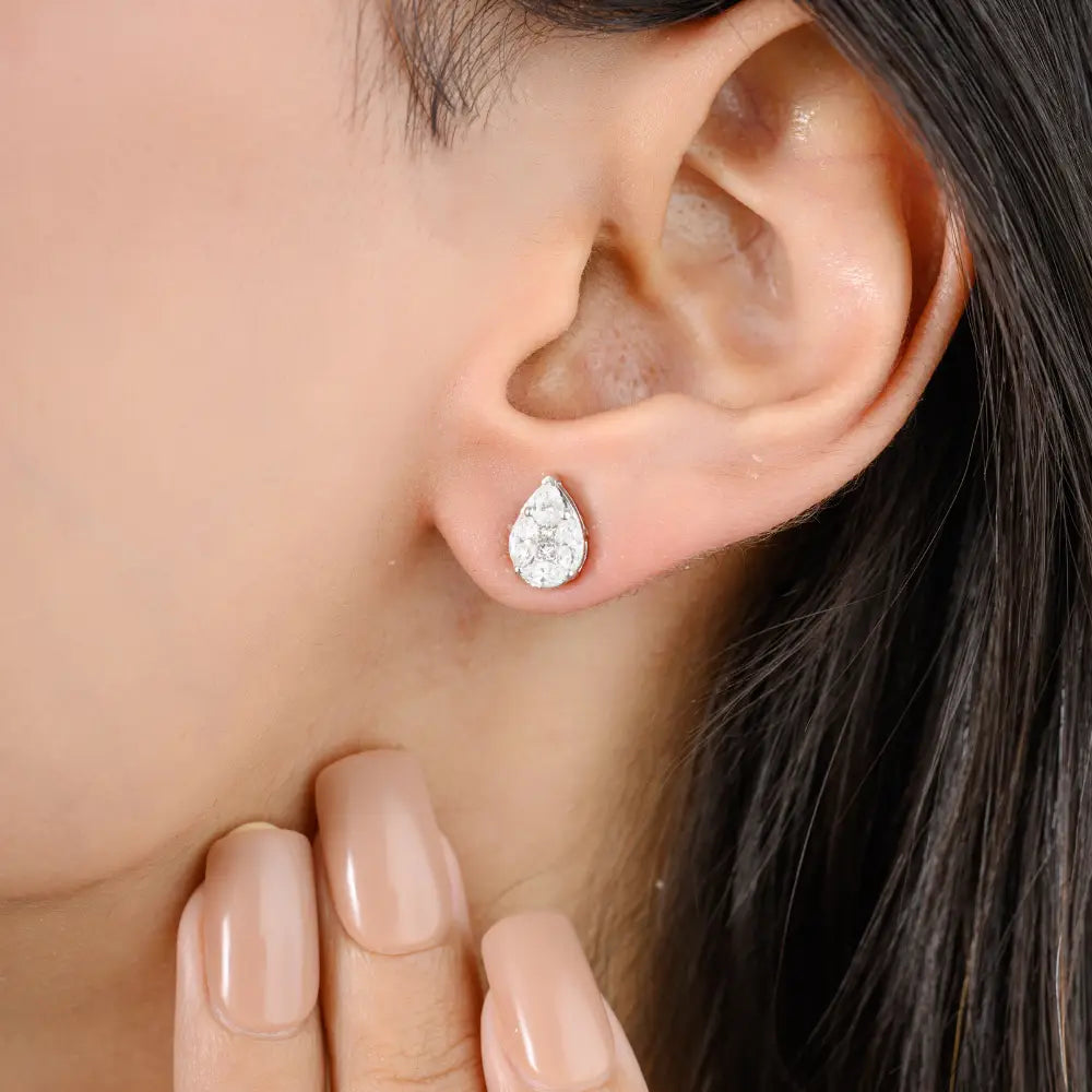 Minimal Jewelry Genuine Diamond Pear Shape Stud Earrings 18K White Gold April Birthstone