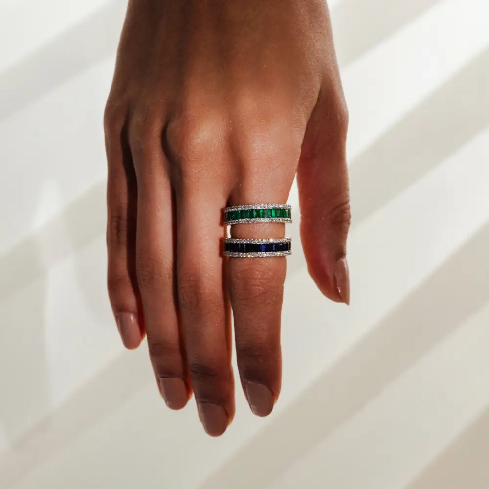 100% Authentic Natural Emerald & Diamond 18K Fine Yellow Gold Half Eternity Band Ring