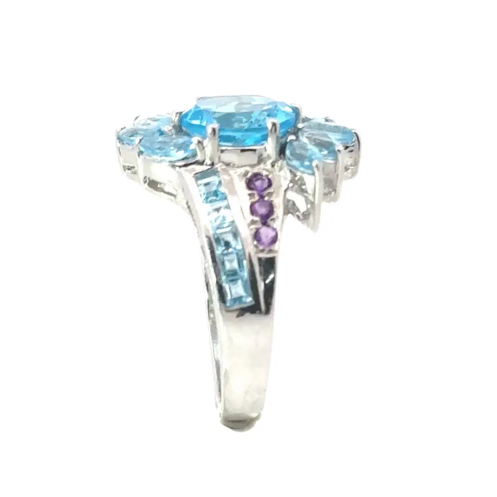 Genuine Blue Topaz & Amethyst Cluster Wedding Ring Natural Birthstone Jewelry Supplier