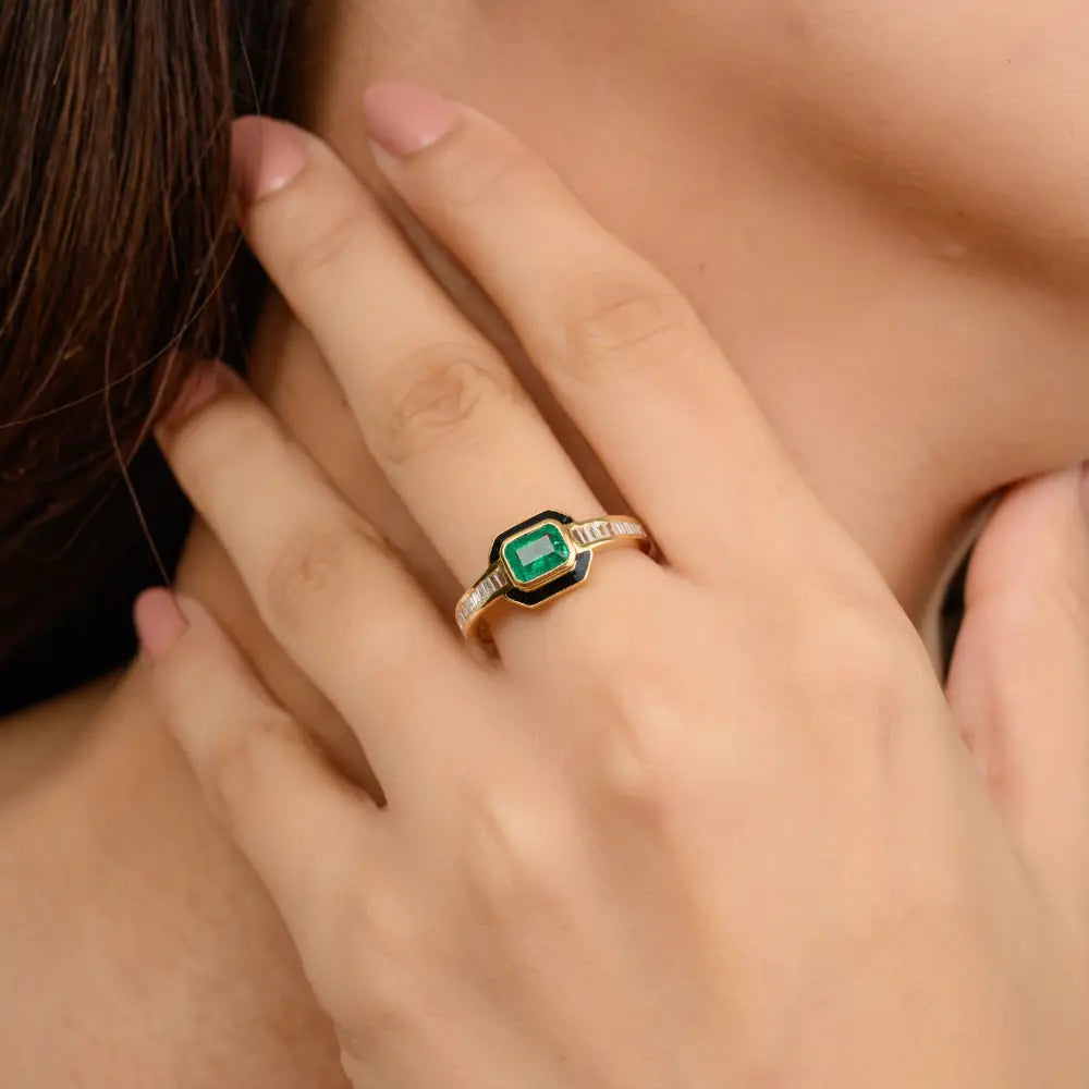 18K Yellow Gold Emerald & Diamond Statement Enamel Ring Precious Gemstone Jewelry