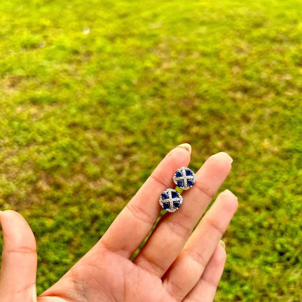 Explore Fine Gemstone Jewelry Blue Sapphire & American Diamond Square Shape Stud Earrings For Girls