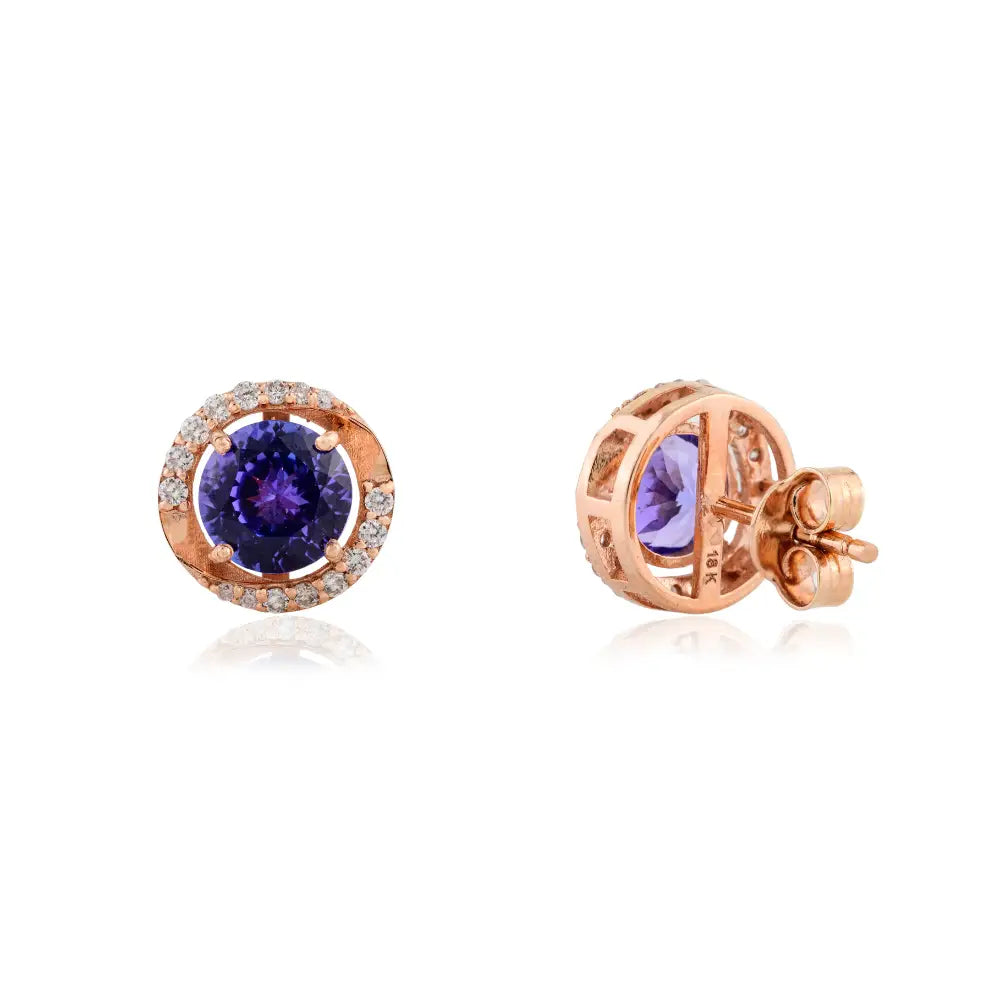 Explore Elegant & Classic Round Cut Tanzanite & Diamond Stud Earrings 18K Rose Gold