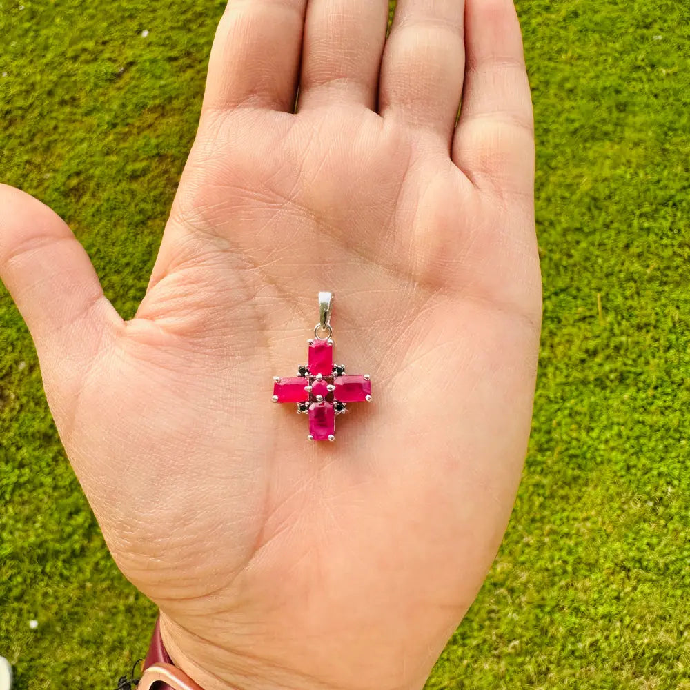 Minimalist Jewelry 925 Solid Silver Ruby & American Black Diamond Cross Small Pendant For Christmas Gifts