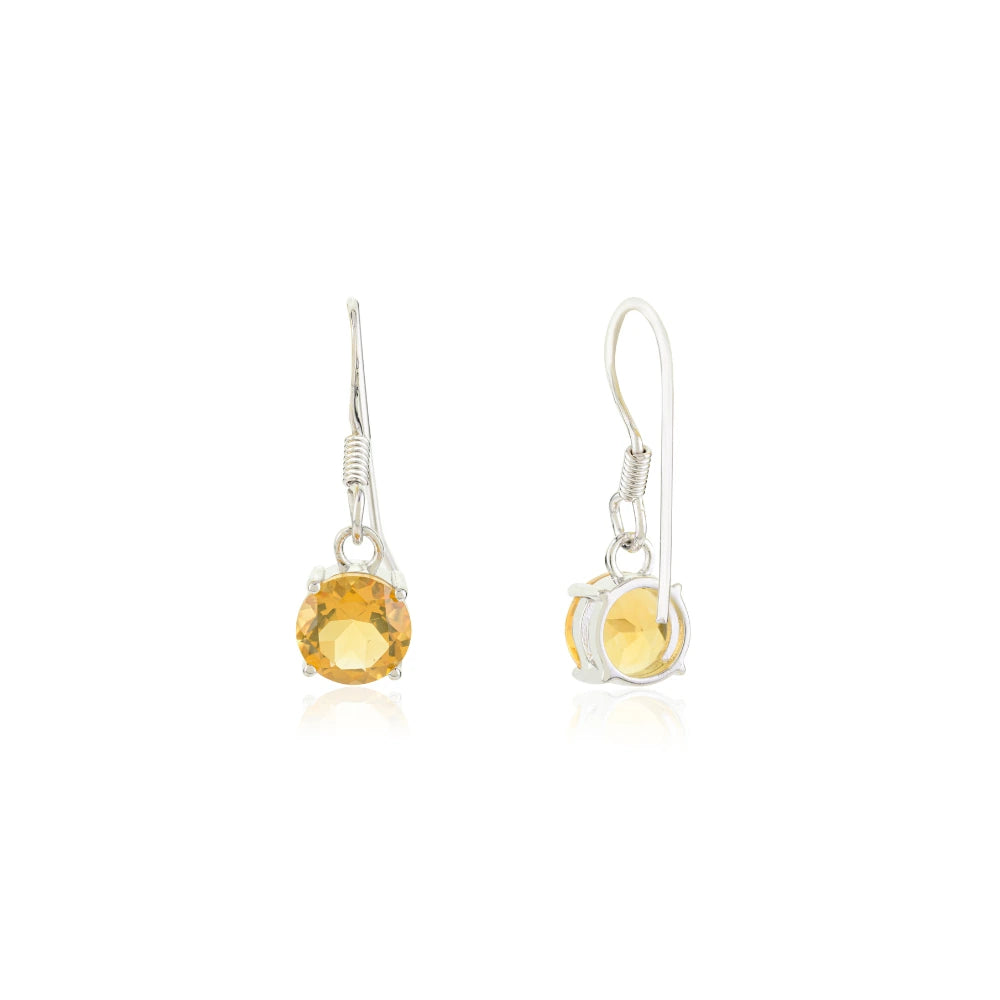 Semi Precious Gemstone Round Cut Handmade Real Citrine Dangle Earrings Prong Setting