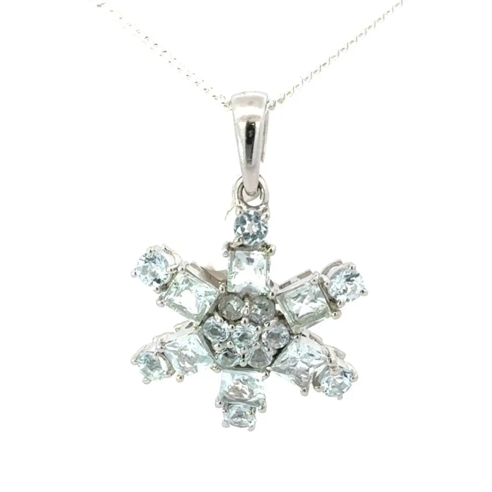 Semi Precious Gemstone Jewelry Aquamarine 925 Sterling Silver Flower Pendant March Birthstone
