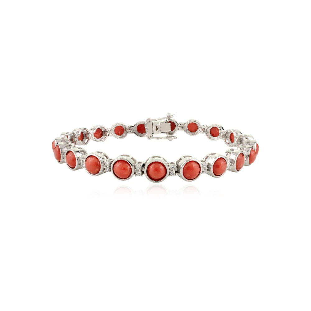 Box Lock Unique Design Handmade Real Coral & American Diamond Stackable Bracelet Round Cut