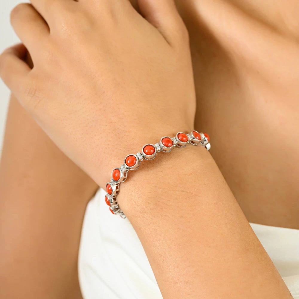 Box Lock Unique Design Handmade Real Coral & American Diamond Stackable Bracelet Round Cut