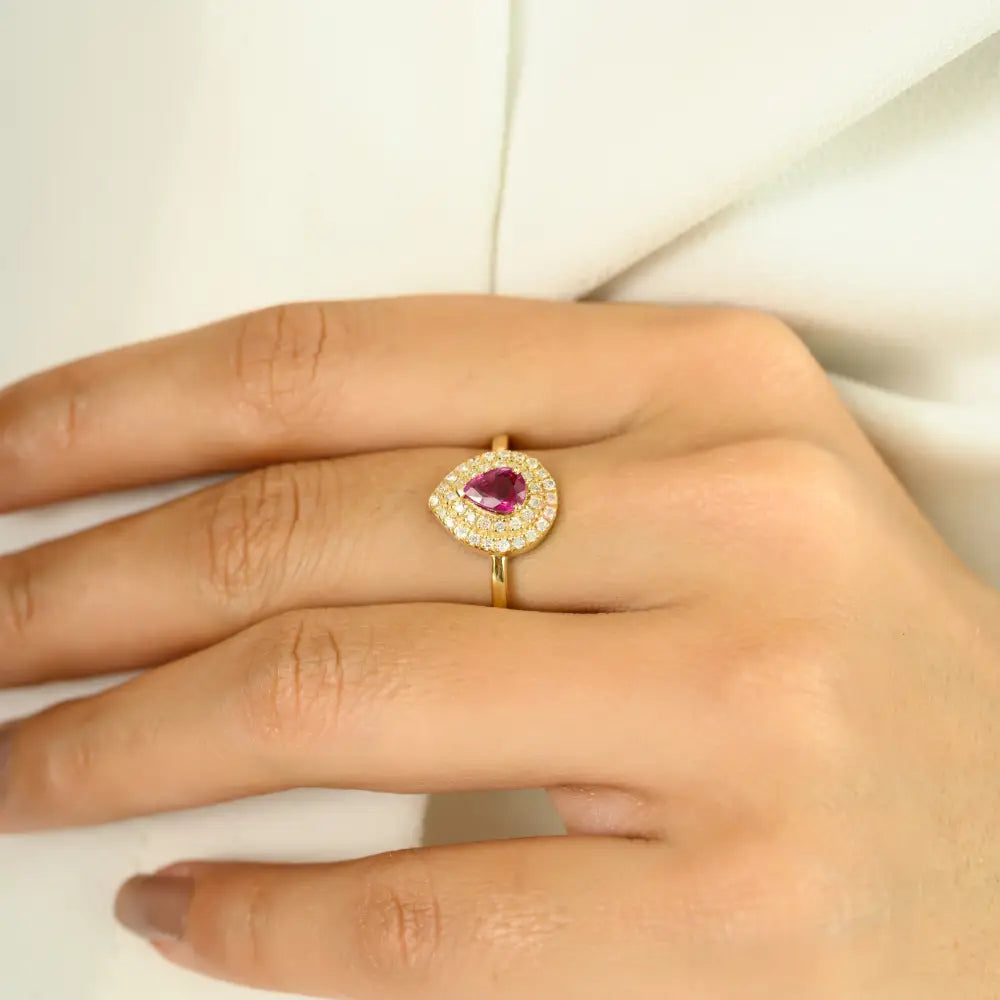 Genuine Ruby & Diamond Double Halo Engagement Ring Anniversary Gift 14K Real Gold