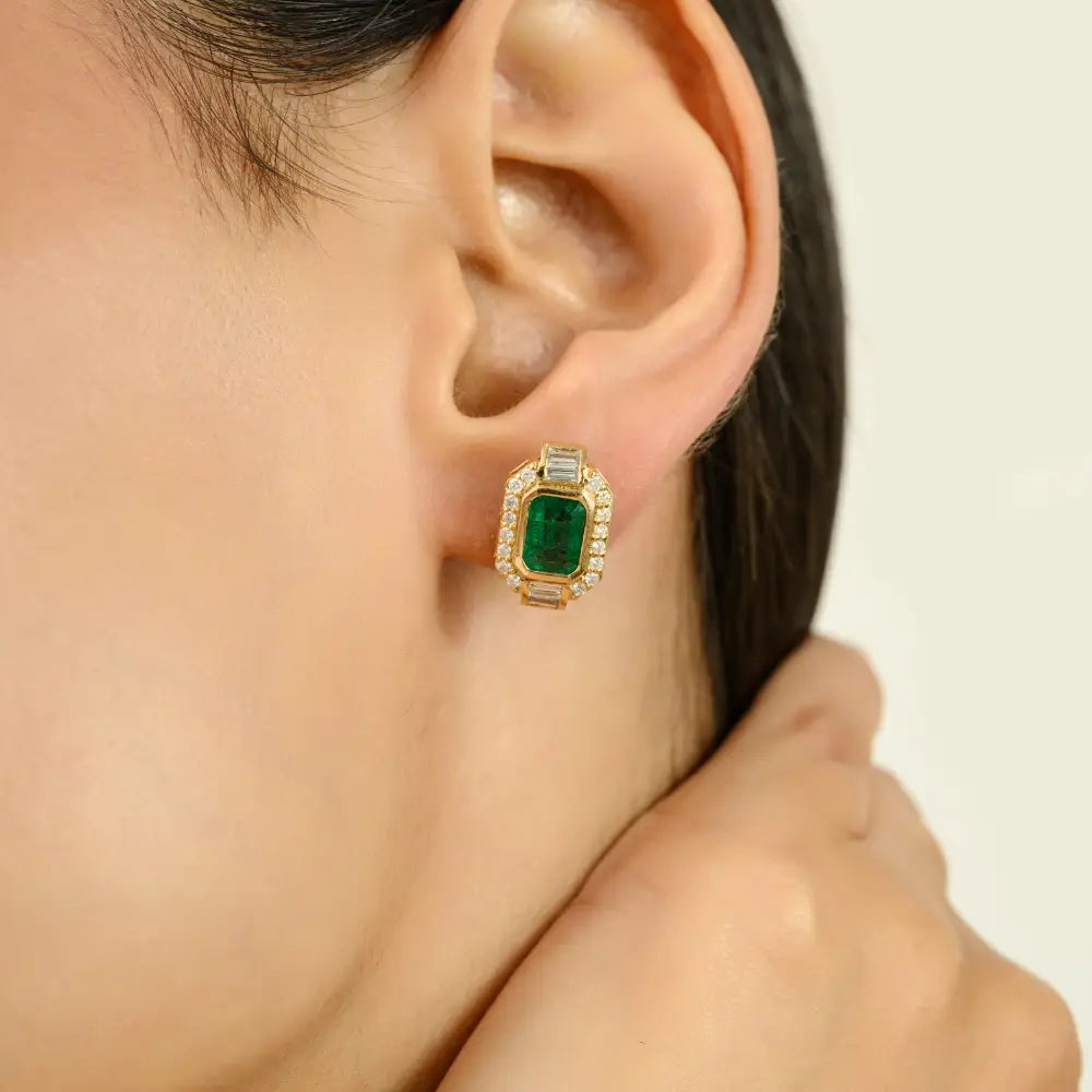 Bezel Set Emerald & Diamond Stud Earrings Trending Everyday Jewelry Real 18K Yellow Gold