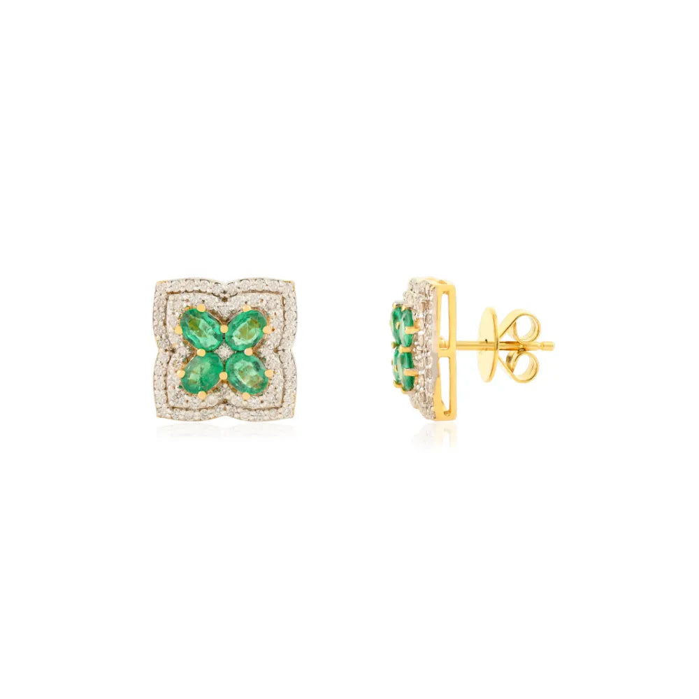 14K Yellow Gold Emerald & Diamond Four Leaf Clover Stud Earrings Wedding Women Jewelry