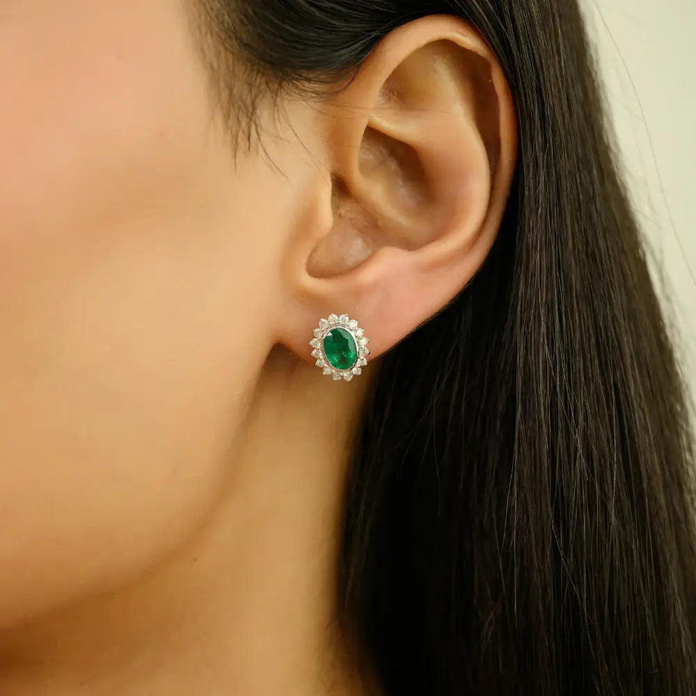 Zambian Emerald & Diamond Women's Cluster Stud Earrings Fine K14 White Gold Jewelry