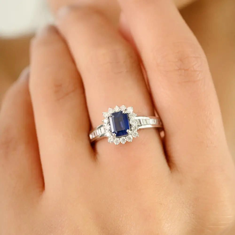 Prong Setting Blue Sapphire & Diamond Wedding Ring Newly Design 14K White Gold Jewelry