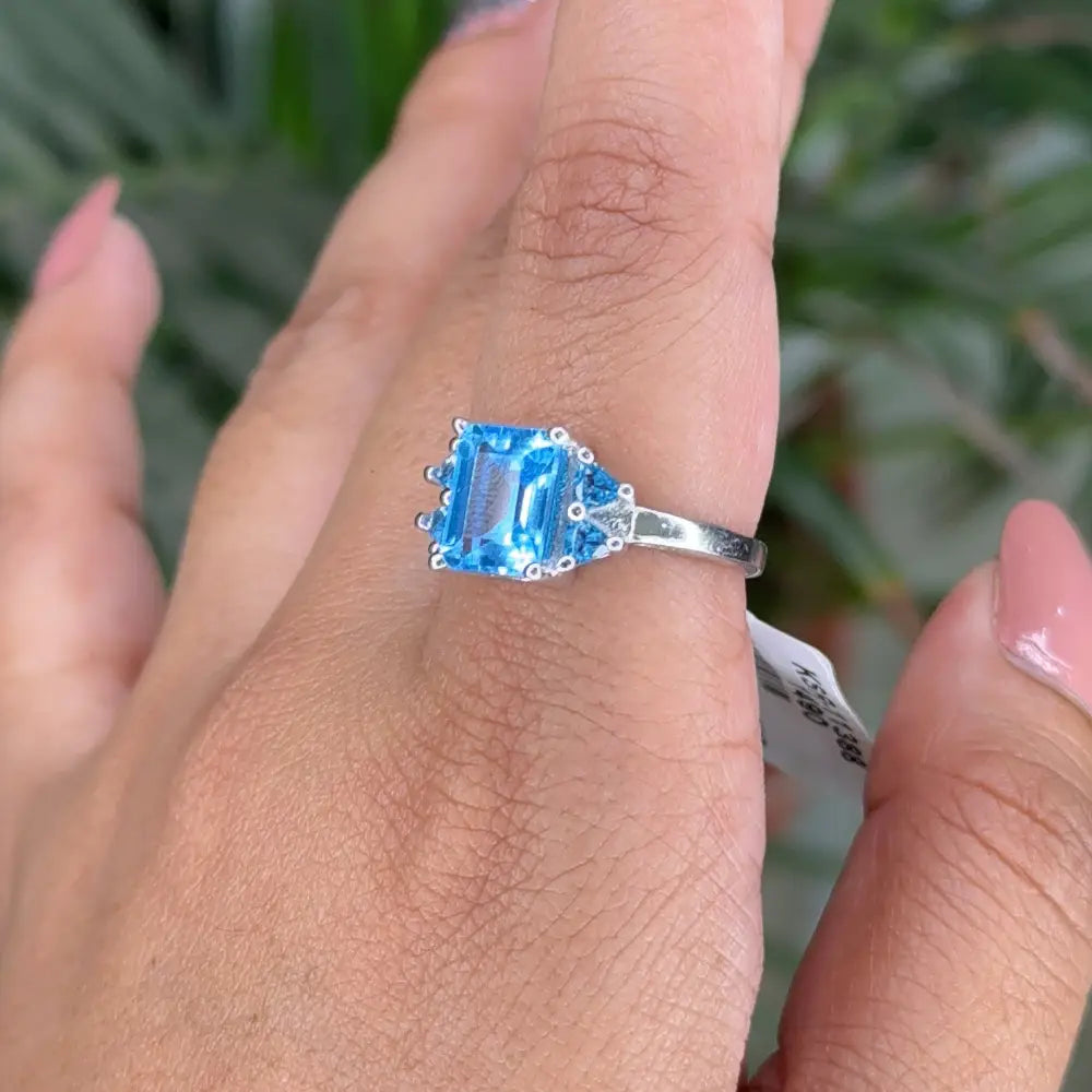Popular Design Real Blue Topaz 925 Sterling Silver Promise Ring Prong Setting December Birthstone