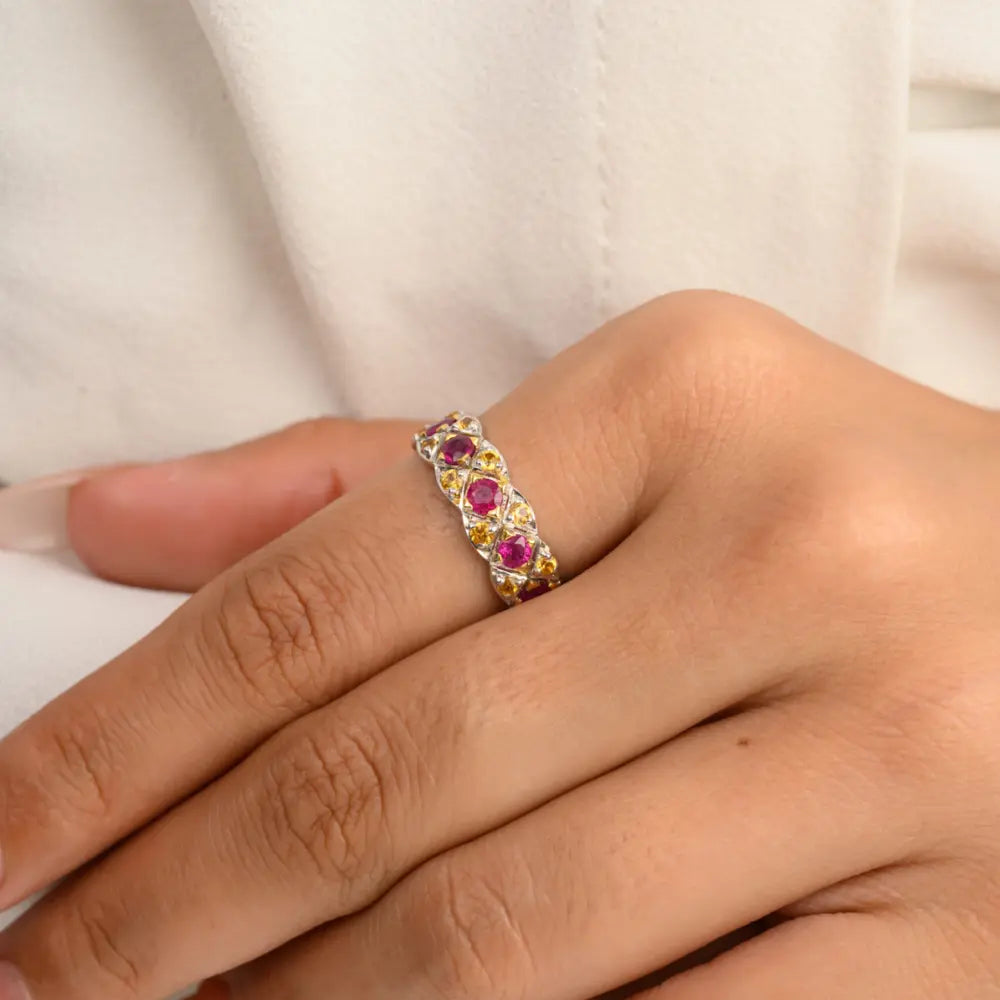 Bulk Jewelry Natural Ruby & Yellow Sapphire 14K Solid White Gold Band Ring