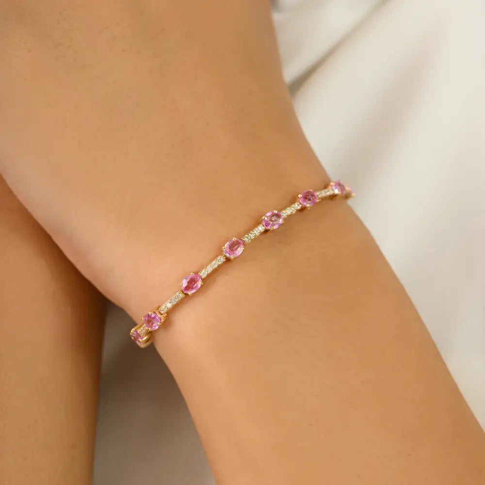 Simple Trending Design K14 Yellow Gold Pink Sapphire & Diamond Sleek Tennis Bracelet