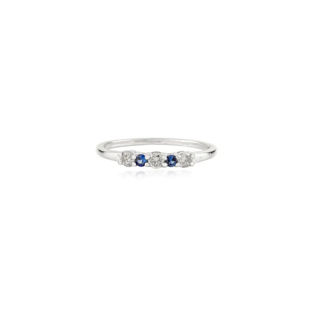 Round Cut Blue Sapphire & Diamond Minimalist Ring 14K White Gold Light Weight Jewelry