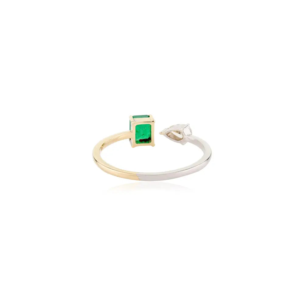 Octagon Cut Emerald & Diamond Two Tone Open Ring with 18k Solid Gold
