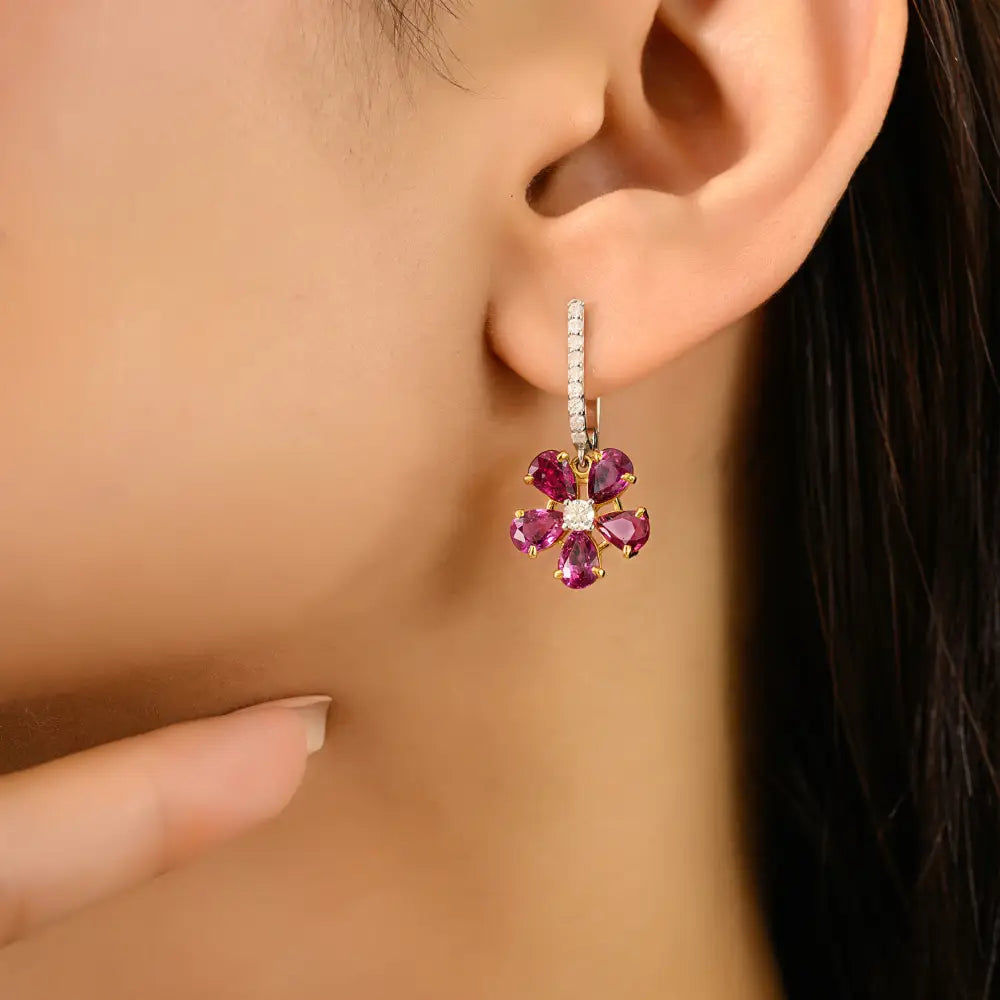 Real Ruby & Diamond Flower Design Drop Earrings 18K Solid Two Tone Gold Anniversary Gift