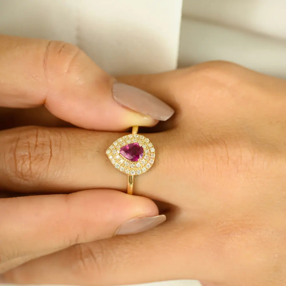 Genuine Ruby & Diamond Double Halo Engagement Ring Anniversary Gift 14K Real Gold
