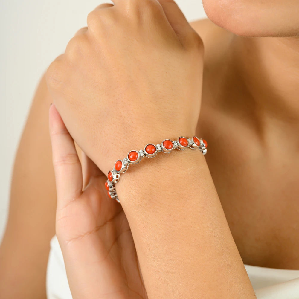 Box Lock Unique Design Handmade Real Coral & American Diamond Stackable Bracelet Round Cut