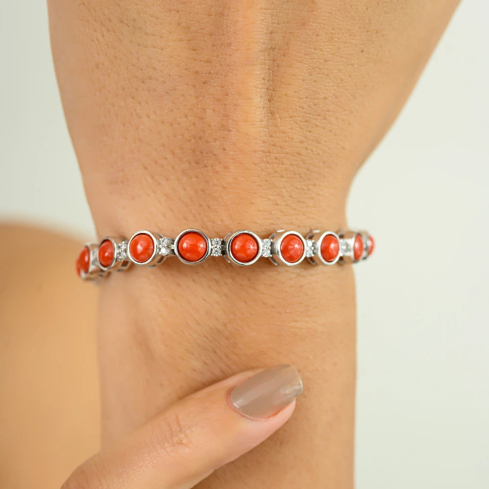 Box Lock Unique Design Handmade Real Coral & American Diamond Stackable Bracelet Round Cut