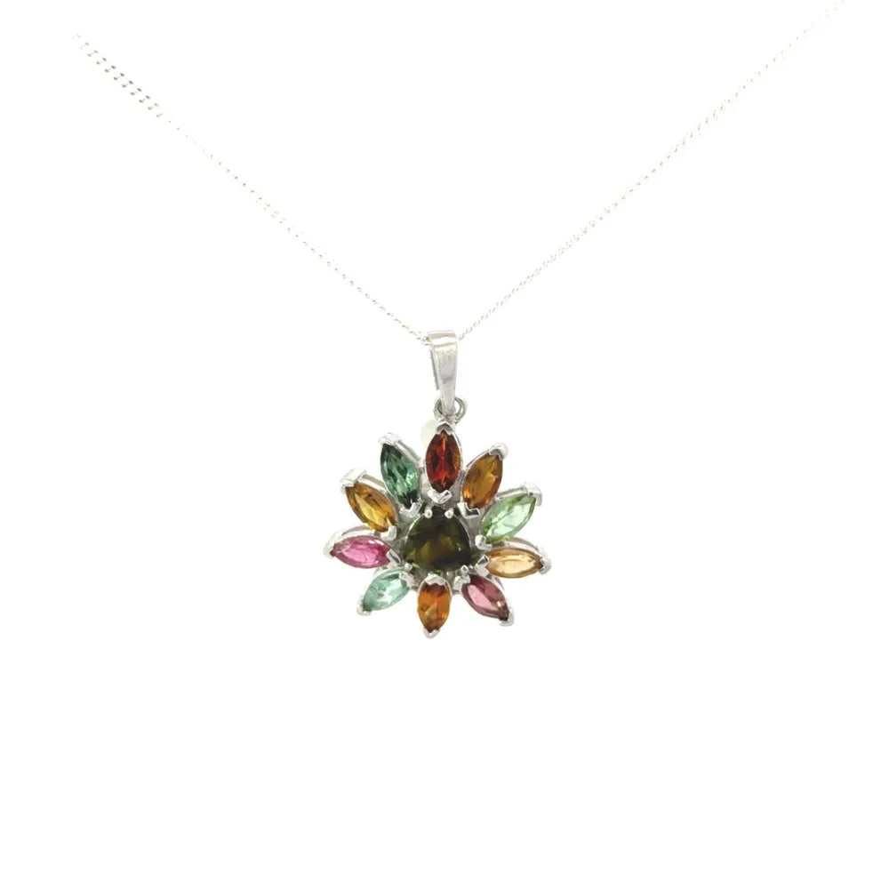 New Collection Fine Jewelry Genuine Multi Gemstone Flower Pendant With Prong Setting
