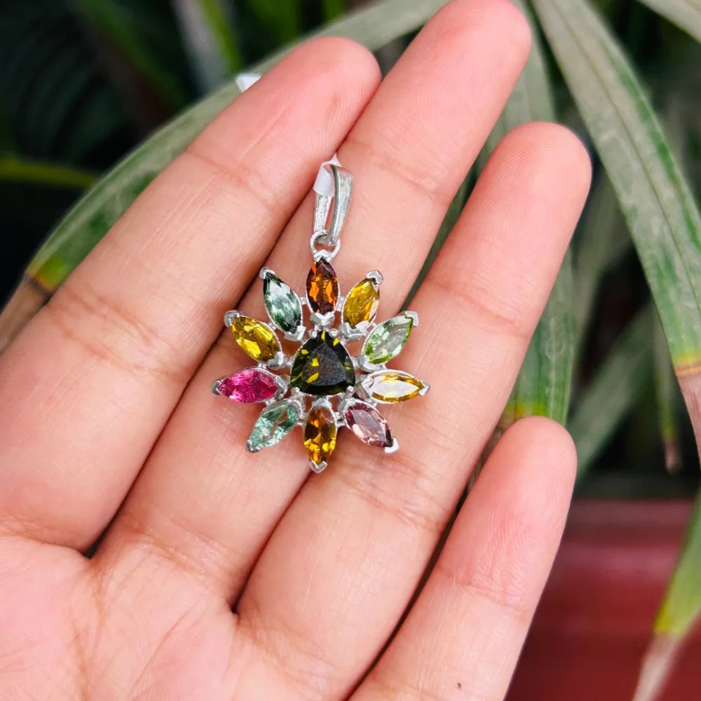 New Collection Fine Jewelry Genuine Multi Gemstone Flower Pendant With Prong Setting