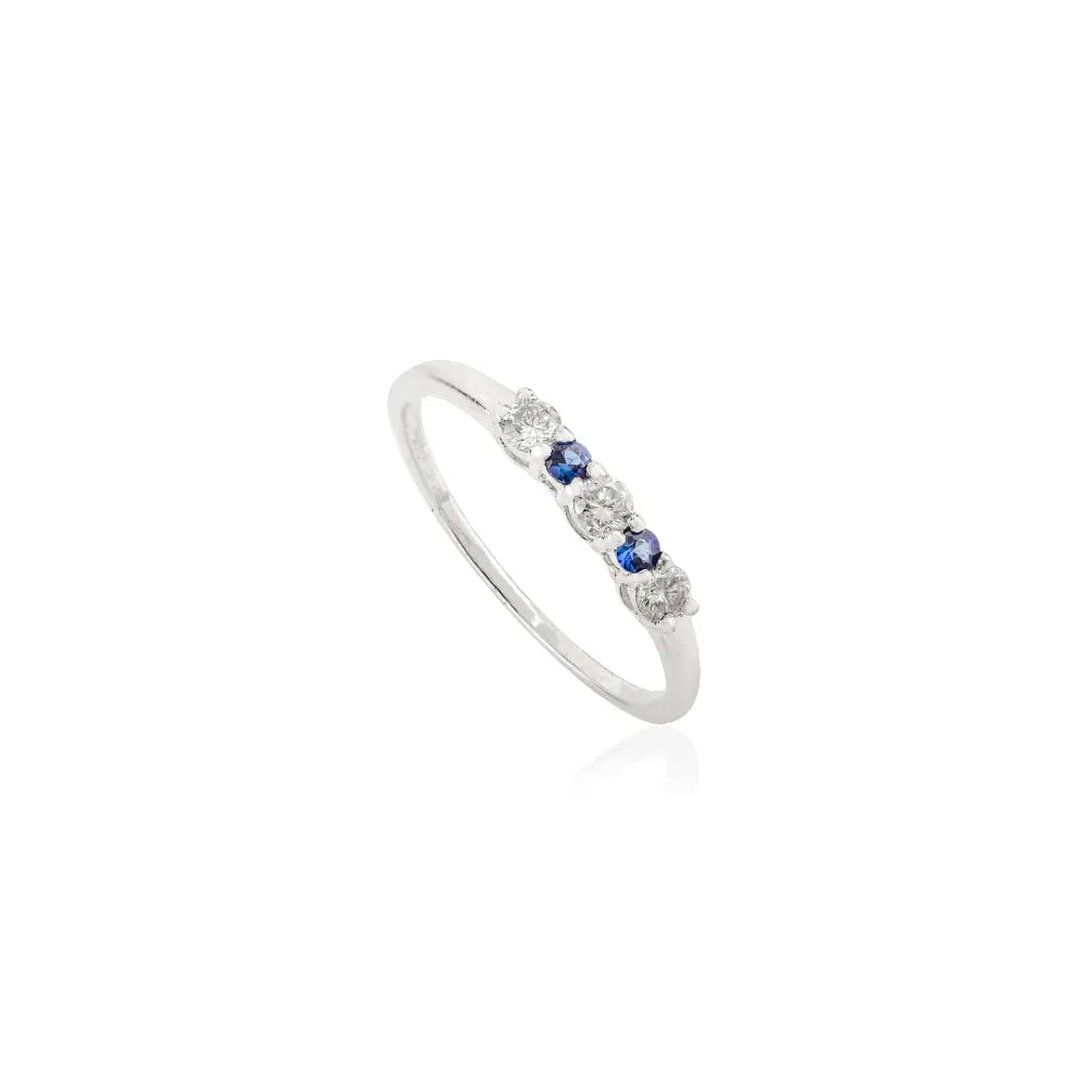Round Cut Blue Sapphire & Diamond Minimalist Ring 14K White Gold Light Weight Jewelry