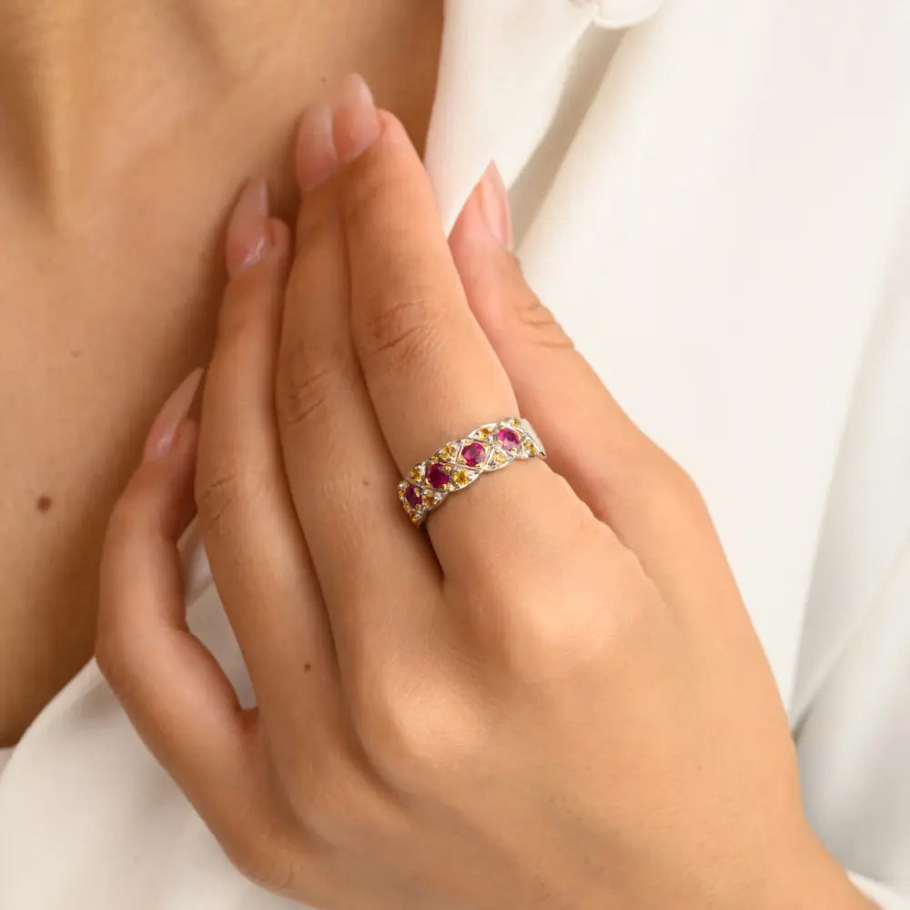 Bulk Jewelry Natural Ruby & Yellow Sapphire 14K Solid White Gold Band Ring