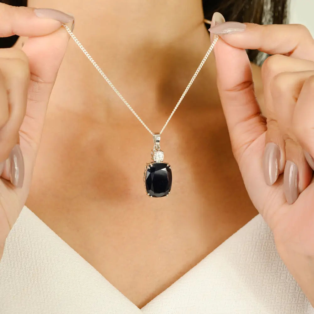 Double Prong Set Blue Sapphire & Diamond Solitaire Statement Pendant 14K Real White Gold