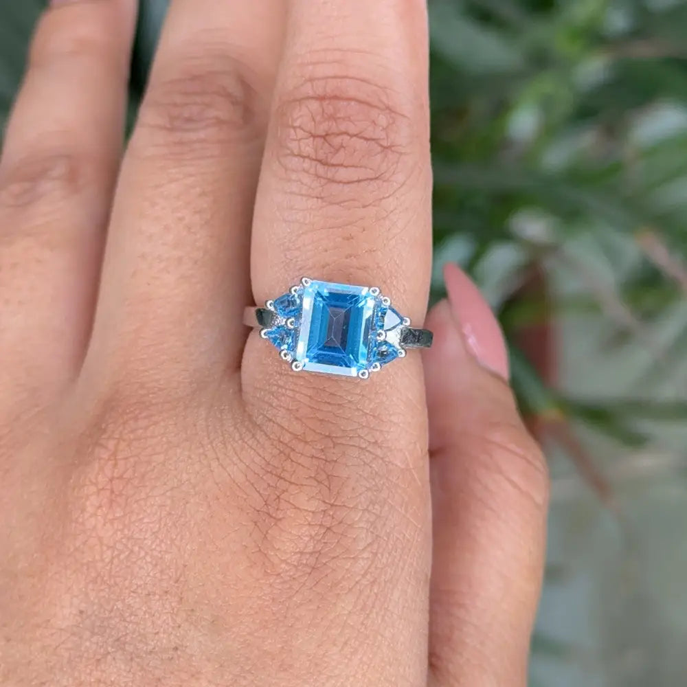 Popular Design Real Blue Topaz 925 Sterling Silver Promise Ring Prong Setting December Birthstone
