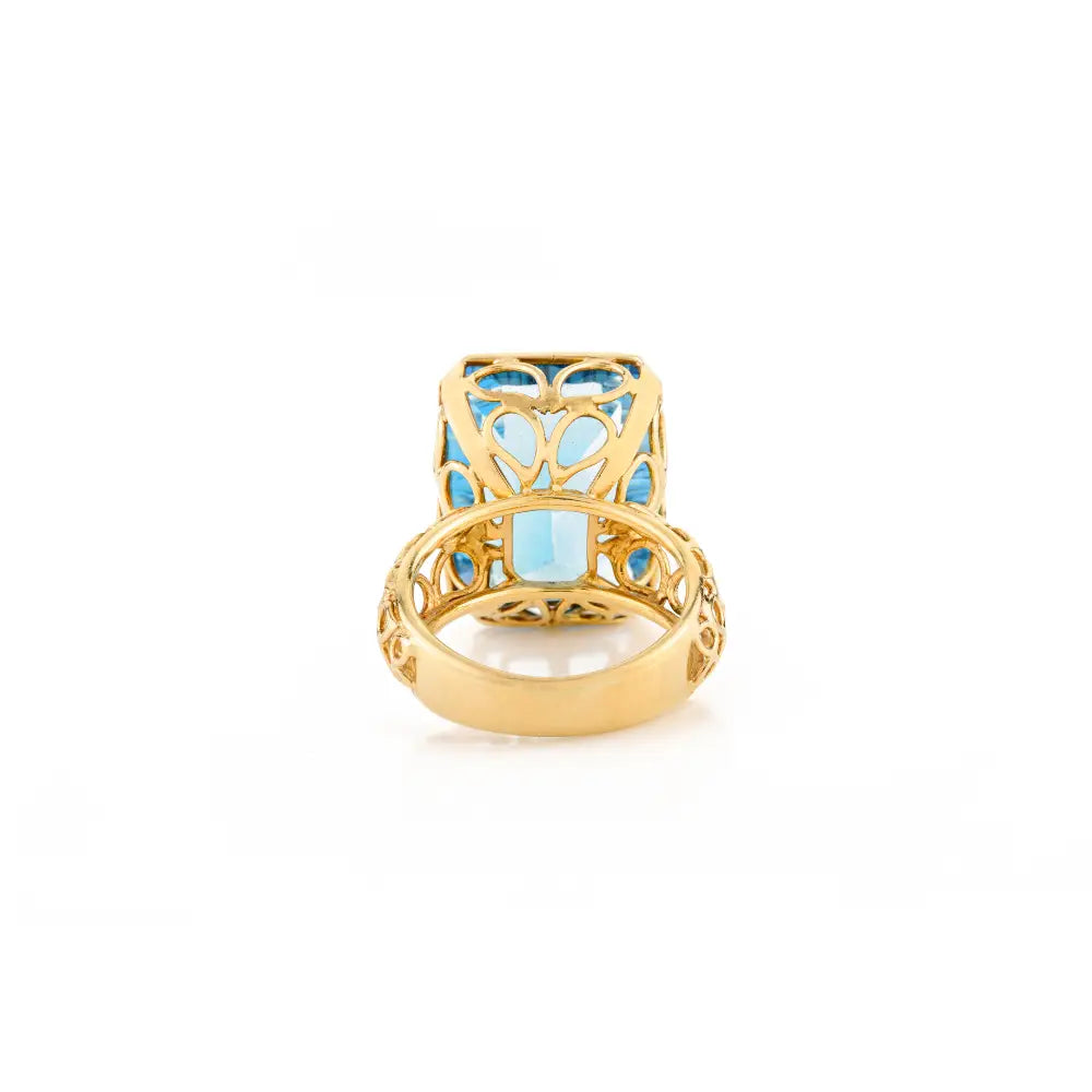 Octagon Shape Blue Topaz Bezel Setting Cocktail Ring 18K Yellow Gold Unique Jewelry