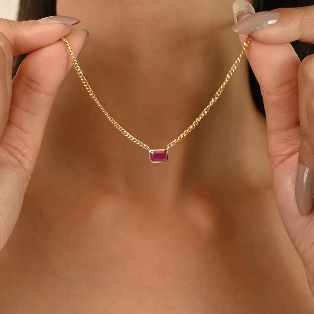 New Trendy Octagon Cut Ruby Single Stone Curb Link Chain Pendant Necklace 14K Gold