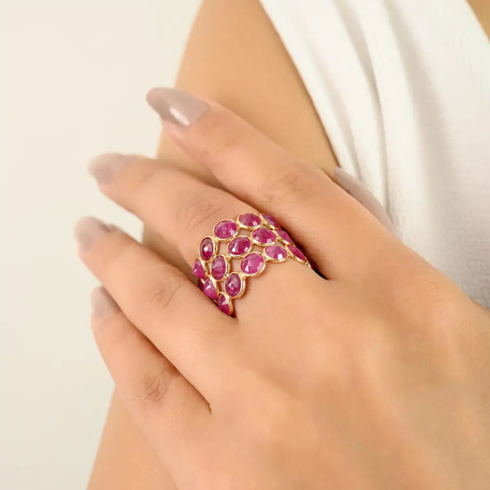 Triple Layer Round Cut Ruby Statement Eternity Band Ring Wedding Jewelry 14K Gold