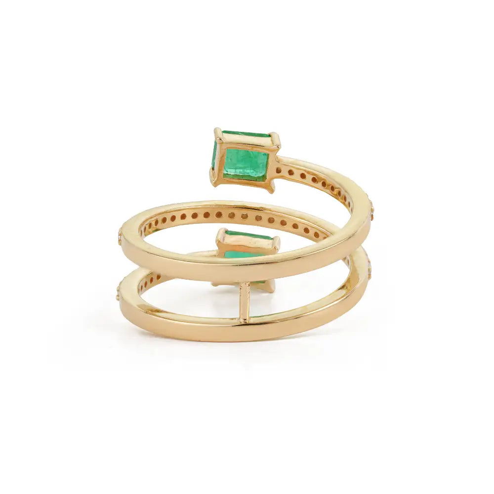 Precious Gemstone Emerald & Diamond Wrap Spiral Ring Statement 14K Yellow Gold Jewelry