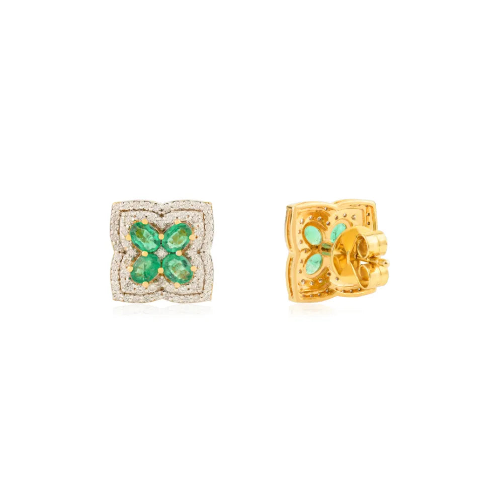 14K Yellow Gold Emerald & Diamond Four Leaf Clover Stud Earrings Wedding Women Jewelry