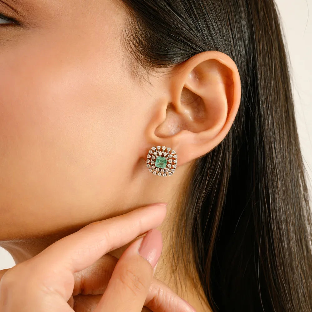 Square Cut Emerald & Diamond Wholesale Unique Design Stud Earrings 14K Solid Gold Jewelry