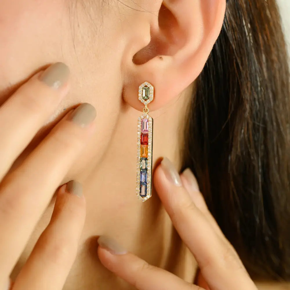 Gorgeous Design Rainbow Multi Sapphire & Diamond Statement Bar Dangle Earrings 14K Gold