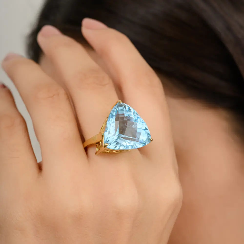 Trillion Cut Blue Topaz 18K Yellow Gold Statement Ring For Unisex Custom Logo Wedding Jewelry