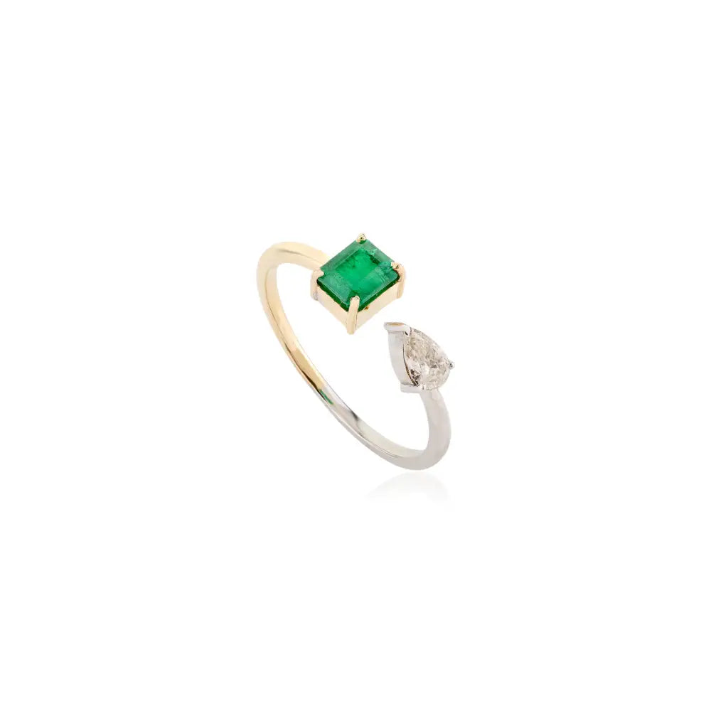 Octagon Cut Emerald & Diamond Two Tone Open Ring with 18k Solid Gold