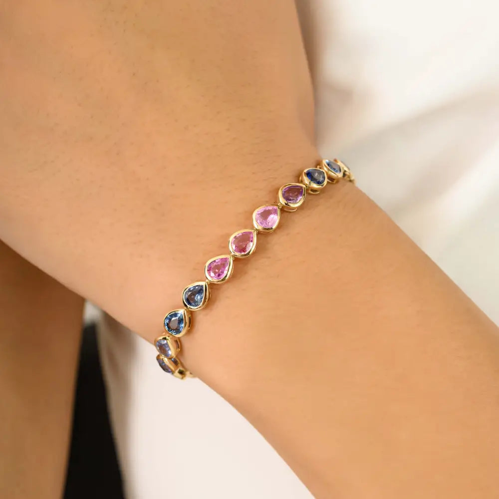 Pear Shape Multi Sapphire Trending 14K Yellow Gold Stackable Tennis Bracelet Bezel Setting