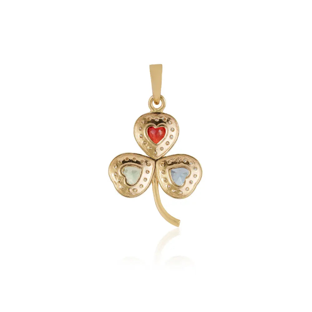 Heart Shape Multi Sapphire Gemstone & Diamond 14K Yellow Gold Three Leaf Clover Pendant