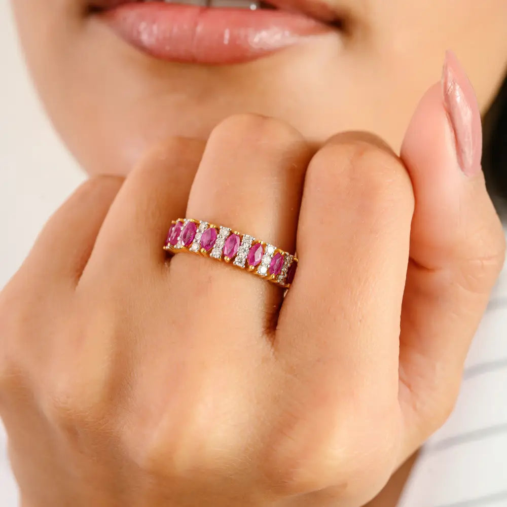 100% Genuine Ruby & Diamond Half Eternity Band Rind For Women 14K Yellow Gold