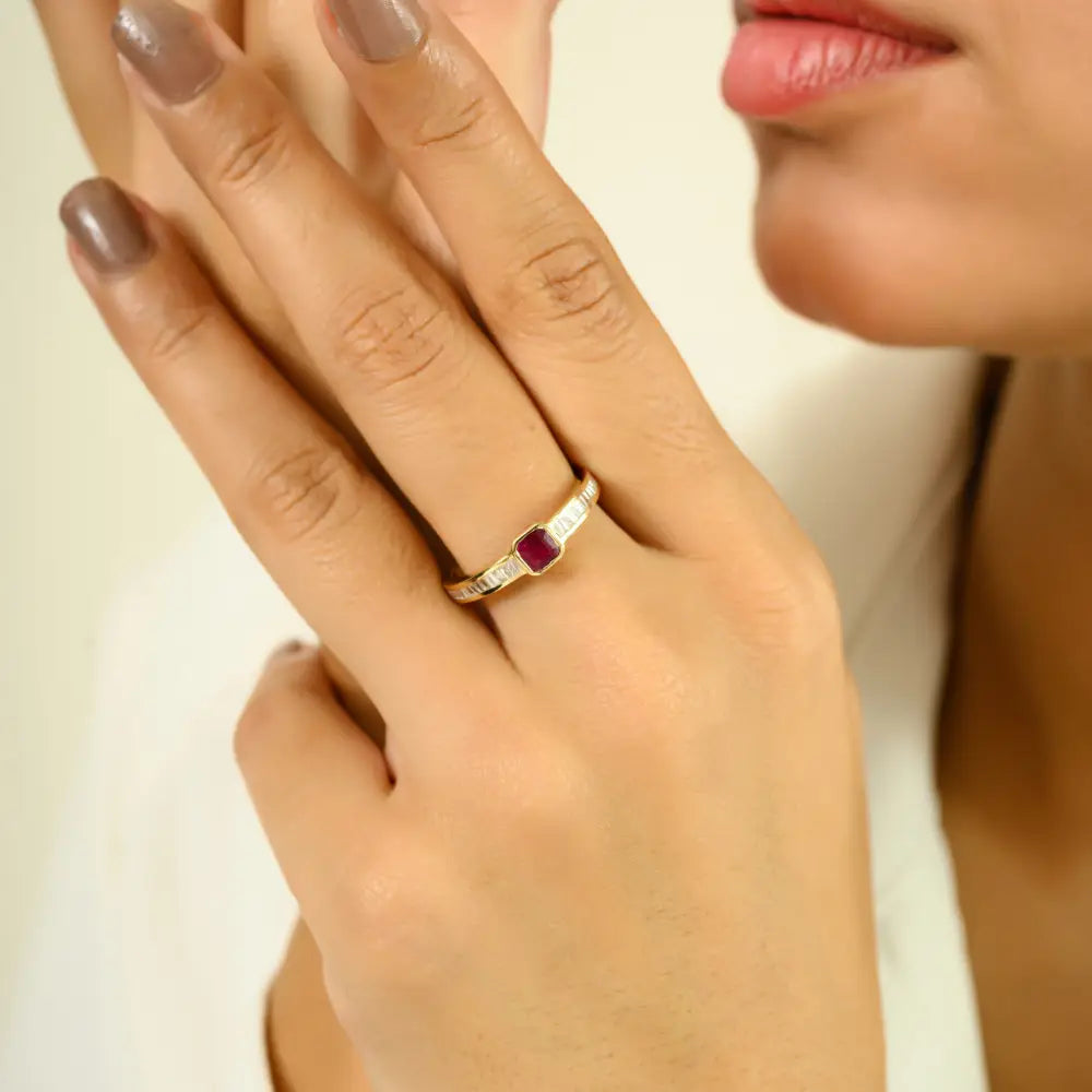 Real 14K Yellow Gold Genuine Ruby & Diamond Stackable Ring Simple Everyday Jewelry