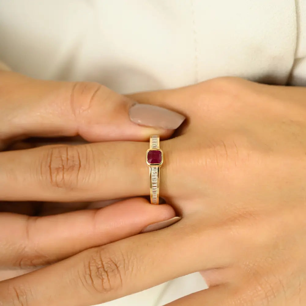 Real 14K Yellow Gold Genuine Ruby & Diamond Stackable Ring Simple Everyday Jewelry