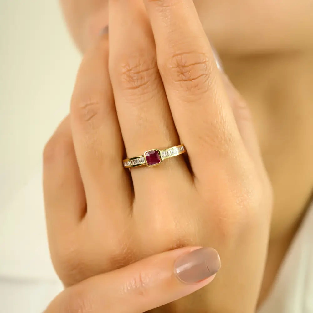 Real 14K Yellow Gold Genuine Ruby & Diamond Stackable Ring Simple Everyday Jewelry