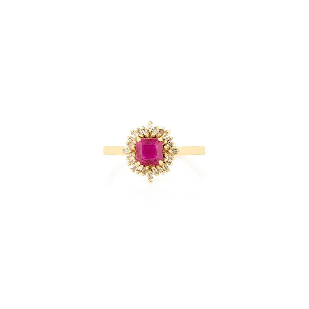Beautiful Art Deco Style Ruby & Diamond Halo Ring Solid 14K Yellow Gold Precious Stone Jewelry