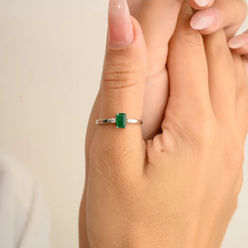 Custom Jewelry 14K Solid White Gold Natural Emerald & Diamond Handmade Ring