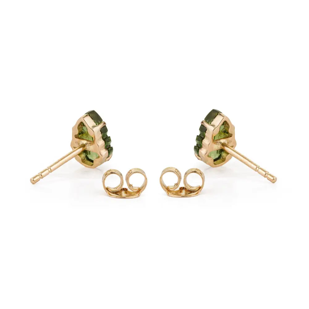 14K Yellow Gold Semi Precious Gemstone Green Tourmaline Carving Leaf Shape Stud Earrings
