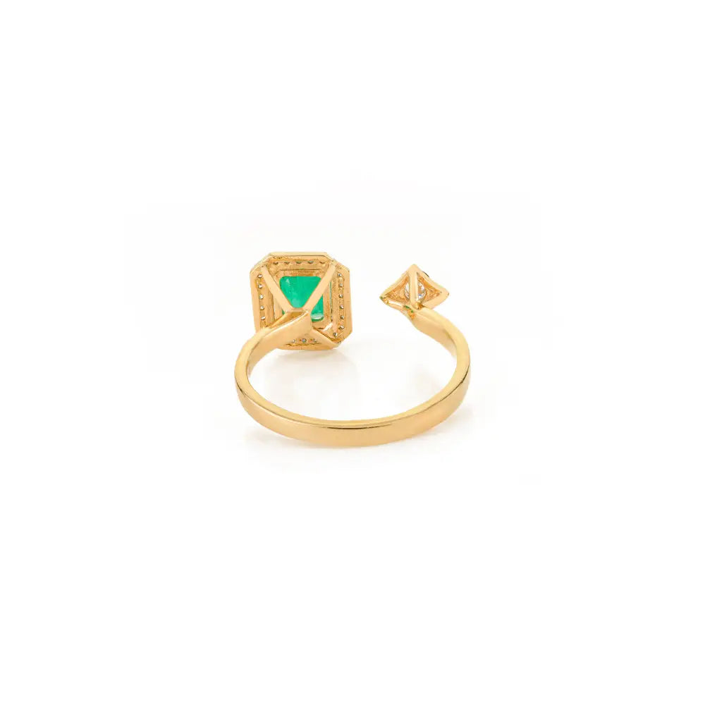 Real K18 Yellow Gold Zambian Emerald & Diamond Halo Open Ring Unique Design Jewelry